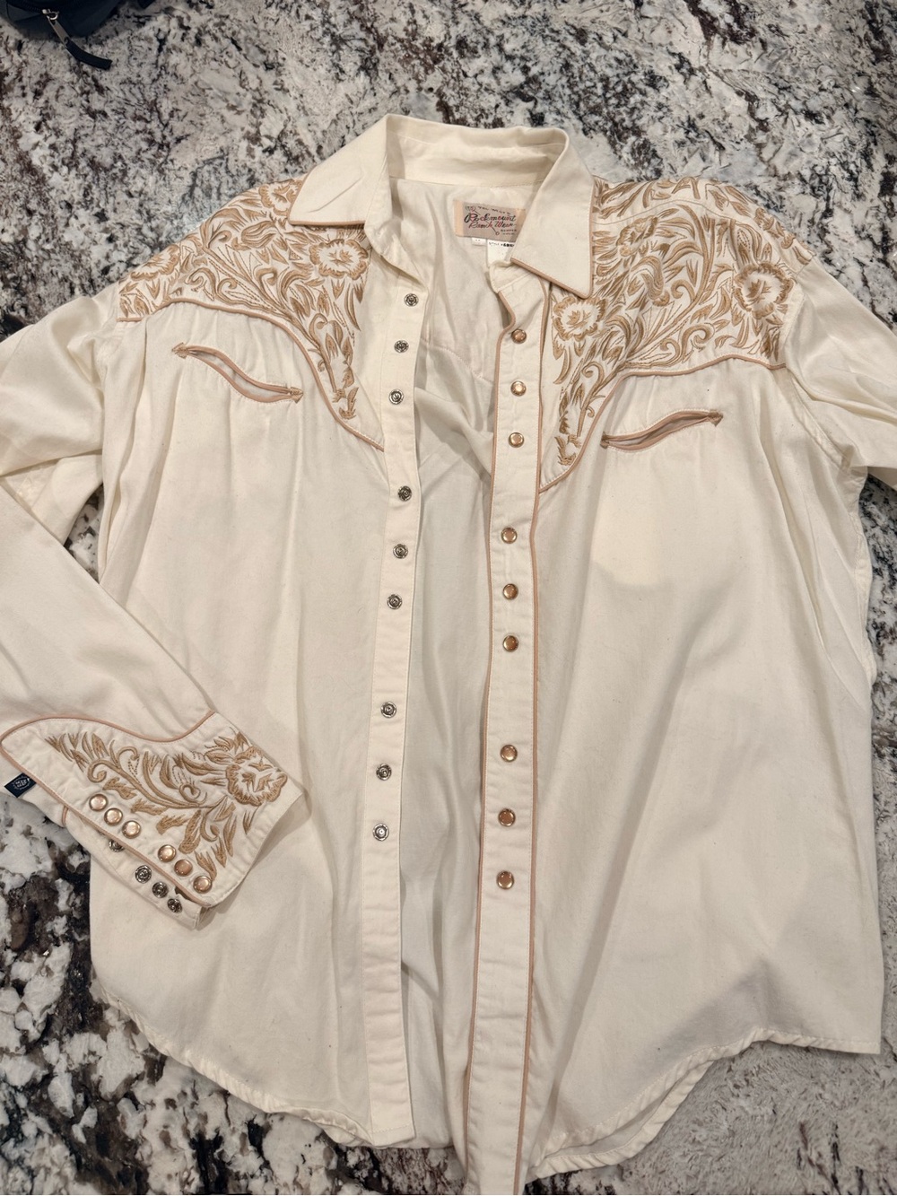 Western Embroidered Button-Down Shirt - Cream/Tan